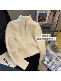 Women's Knits Tees Lambs Wool Women White Solid Colour Turtleneck Knitwear Baggy Long Sleeve Patchwork Knitted Cardigan Sweater Warm Thick Chic 230317