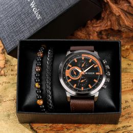 Wristwatches 2023 Fashion Quartz Watch For Men Brown Leather Bead Braided Bracelet Gifts Set Box Male Husband Regalos Para Hombre