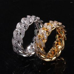 Cluster Rings Hip Hop Full CZ Cubic Zirconia 8MM Cuban Chain Ring For Women Men Fine Jewellery Brass Iced Out Miami Rock White Gold Gift