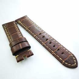 24 mm - 22 mm Brown Crocodile Grain Calf Leather Band Khaki Stitch Strap Fit For PAM PAM111 Watch