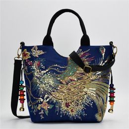 Evening Bags Vintage Shiny Sequins Peacock Embroidered Women Canvas Totes Bag Summer Shopping Shoulder Beaded String HandbagEvening