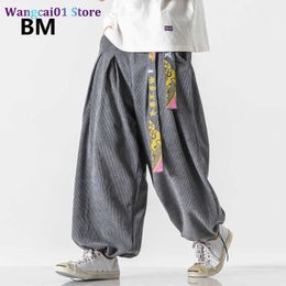 wangcai01 Men's Pants Chinese Style Belt Fashion Loose Baggy Casual Pants Men Clothing 2020 Harajuku Corduroy Bloomers 5XL Plus Size Harem Pants Male 0318H23