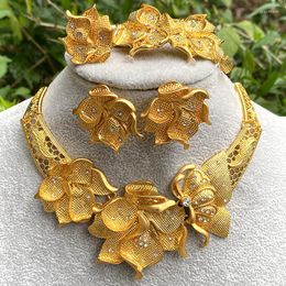 Necklace Earrings Set 24k Gold Color Big Flowers Luxury Dubai Of Women African Habesha Bangles Ring Sets Wedding Gifts