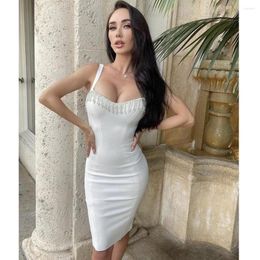 Casual Dresses Women Summer Sexy Diamonds Crystal Tassel Black White Bodycon Bandage Dress 2023 Elegant Evening Party Club Vestidos