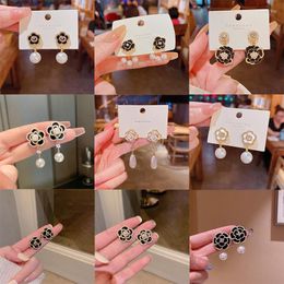 Stud Earrings Fashion Camellia Flower Pearl Black For Woman Korean Celebrity Accessories Party Jewelry
