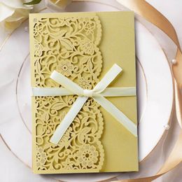 Greeting Cards 10pcs Vine Flower Laser Cut Wedding Invitations Card Bridal Favour With RSVP Lace Pocket Bows Customise Invites Card Party Decor 230317