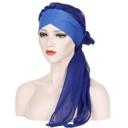 Beanies Beanie/Skull Caps Women Solid Bandage Turban Head Wrap Forehead Crossed Breathable Chiffon Long Tail Sleep Chemo Hat Hair Turbans