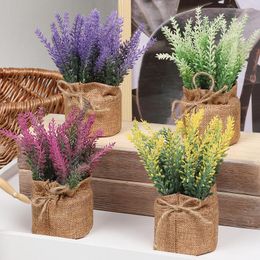 Decorative Flowers Artificial Plastic Lavender Bonsai Succulent Simulation Flower Burlap Potted Home Room Table Decoration Garden Ornaments