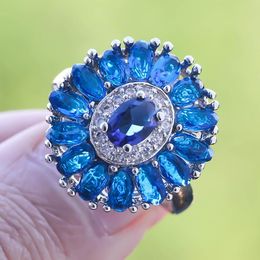 Cluster Rings Luxury Blue Crystal Stone For Women Design Flower Wedding Silver Colour Ladies Accessories DropCluster