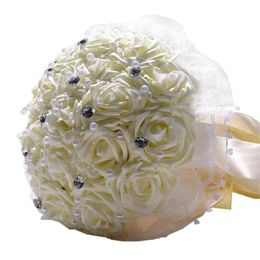 Wedding Flowers Handmade Bridal Bouquet Holding Silk Rose With Rhinestone Brooch Pearls Ribbon Tassel Decorative For Wed