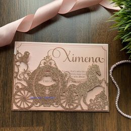 Greeting Cards 50 Piece/Lot Rose Gold Personalized Print Laser Cut Invitation For Wedding Horse Carriage Quinceanera Cards 230317