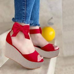 Sandals Women High Quality Fashion Bowknot Wedge Heel Trifle Sole Large Size Fish Mouth Ladies Bohemia Beach Shoes