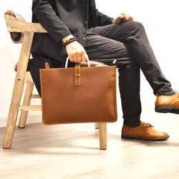 Briefcases Crazy Horse Skin Men's Business Briefcase Genuine Leather Laptop Bags Vintage Luxury Men Brown Shoulder Office Work Bag