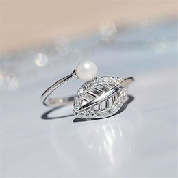 Cluster Rings Real 18k White Gold 2023 Fashion Leaf Open Finger For Women Adjustable Wedding Pearl Jewellery Girl Gifts