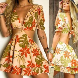 Party Dresses Ladies Leisure Vacation Style Printed Lotus Leaf Dress V-neck Short-sleeved Belly Cut Out Backless For Summer