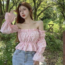 Women's Blouses Blouse Women 2023 Autumn Korean Tube Top Sexy Off The Shoulder Lantern Sleeve Short Shirt Female Pleated Slim