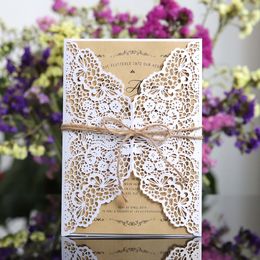 Greeting Cards 10pcs Laser Cut Butterfly Personalised Wedding Invitations Card with Hemp Ropefor Marriage Baptism Birthday Party Supplies 230317