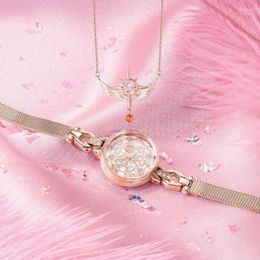 Wristwatches Anime Cardcaptor Sakura Quartz Wristwatch 925 Silver Necklace Jewellery Set For Women Wrist Watch Cosplay Props Girls Xmas GiftWr