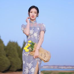 Ethnic Clothing Blue Lace Cheongsam 2023 Summer High Quality Embroidery Retro Dress Short Sleeve Chinese Style Traditional Qipao S-XXL DD856