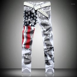 Men's Jeans Mens Men American Usa Flag Printed Pants Graffiti Print White Hip-hop Fashion Jean Slim Fit Trousers 8231