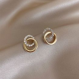 Simple Stud Double Circle Gold Color Metal crystal Drop Earrings For Women Fashion Small Pendientes Jewelry Best Friend Gifts