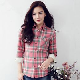 Women's Blouses S-4XL Women Cotton Shirt Winter Fashion Casual All-match Plaid Blouse Long-sleeve Plus Velvet Thicken Warm Slim Tops Female