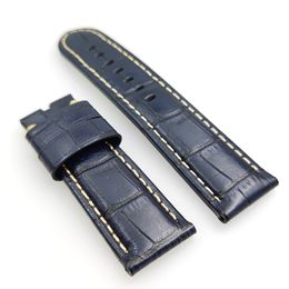 24 mm - 22 mm Dark Blue Crocodile Grain Calf Leather Band Khaki Stitch Strap Fit For PAM PAM111 Watch