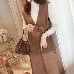 Women's Vests Spring V Neck Thin Waistcoat With Belt Casual Plus Size Korean Sashes Woolen Vest Women Female Chic Vintage Loose