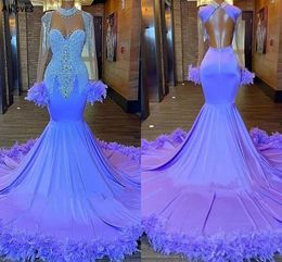 Luxury Feathers Long Sleeves Mermaid Evening Dresses For Women Sparkle Crystals Beaded Formal Prom Party Gowns Arabic Aso Ebi Sexy Open Back Vestidos De Festa CL2025