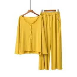 Womens Two Piece Pants Spring And Autumn Tthread Modal Tthin Pajamas Women Long Sleeve Cardigan Home Service Set 230317