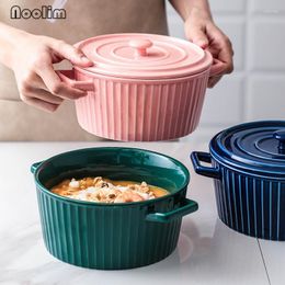 Bowls Japanese Ceramic Double Ear Instant Noodle Bowl With Lid Porcelain Large Capacity Simple Ramen Soup Dessert Tableware 1.1L