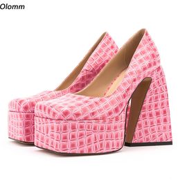 Olomm Handmade Women Pumps Stone Pattern Strange Heels Round Toe Gorgeous Pink Sky Blue Party Shoes Ladies Plus US Size 5-10.5