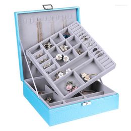 Jewelry Pouches Blue Black Large Size Multi-function PU Leather Box Brief Style Earrings Ring Necklace Lipstick Storage