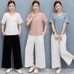 Active Sets Women Yoga Set Linen Loose Chinese Traditional Sweatshirt Pant Jogger Fitness Tai Chi Kungfu Meditation Casual Workout Gym