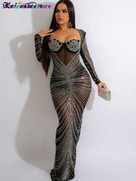 Casual Dresses Kricesseen Sexy Mesh Rhinestone Crystal Patchwork Maxi Dress Gown Luxury Women Sheer Diamonds Party Dress Bodycon Night Clubwear 0318H23