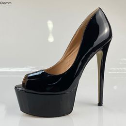 Женская платформа ручной работы Olomm Shiny Shiny Pumps Sexy Stiletto Heels Peep Toe Classic Black Night Club Shoes Women Plus US Size 5-20