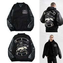 Men's plus size Outerwear CR Representclo Black Five Limited Dog Embroidery Panel Leather Sleeve Baseball Jacket Jacket Fashion American High Street Hip Hop Jacket