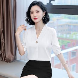 Women's Blouses Satin Plus Size Women Blouse Sexy Short SleeveSummer Office Lady Shirts Workwear Female Blusa Vintage Tops Beading White