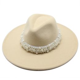 Wide Brim Hats 9.5CM Big Unisex Solid Colour Single Side Pearl Wool Felt Jazz Fedora Elegant Men Women Panama Trilby Cap Wholesale