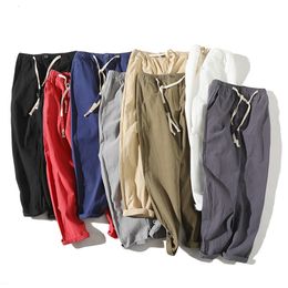 Mens Pants Japanese Retro Summer Mens Thin Linen Casual Pants Ninth Pants Cotton Linen Pleated Large Size Pants For Teen 230317