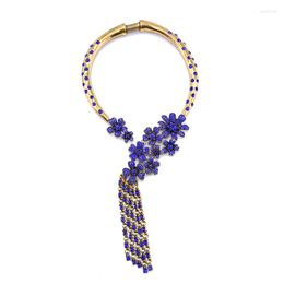 Choker Blue Crystal Rhinestone Tassel Women Jewelry Fashion Vintage Ethnic Statement Open Large Collar Necklace 2023
