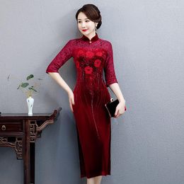 Ethnic Clothing Velvet Embroidery Flower Women Qipao Plus Size Chinese Style Patchwork Evening Party Dress Winter Cheongsam Sexy Vestidos