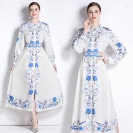Casual Dresses Trendy Court Style Simple Pure White Colour With Glam Blue Rose Printed Women Temperament Single Breasted Spring Vestidos