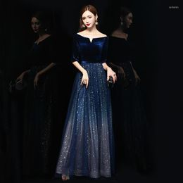 Ethnic Clothing Sexy Navy Blue Oriental Party Female Off Shoulder Stage Show Full Length Qipao Elegant Celebrity Evening Dress Banquet