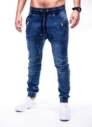 Men's Jeans Solid Color Vintage Man Wrinkle Jeans Blue Classic Cargo Pants Mans Zipper Poets Hiphop Denim pants Dstring Casual Trouser Z0315