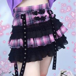 Skirts Japanese Harajuku Girls Pink Plaid High Waist Pleated Ball Gown Punk Sweet Lolita Cake Mini Skirt Y2K Fashion Women SkirtSkirts