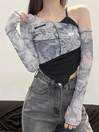 Women's T Shirts Mesh Asymmetrical Yamamoto Sleeve Shirt Women Sexy Cute Slope Neck Ruffles Tops Fashion Tide Spring Crop Top Y2K Clothes