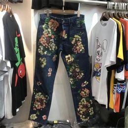 Men's Jeans 2023 Flower Hand Painted Graffiti High Quality And Women's Straight S-XL