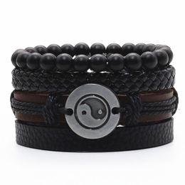 Charm Bracelets 4pcs/set Cross Tai Chi Feather Words Black Brown Leather Beads Women Men Homme Male Femme Jewellery