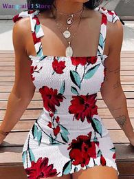 Casual Dresses Sexy Women's Bodycon Dress 2022 New Summer Fashion White Sling Strapss Folds Mini Slim Pencil Print Tank Dresses For Women 0318H23